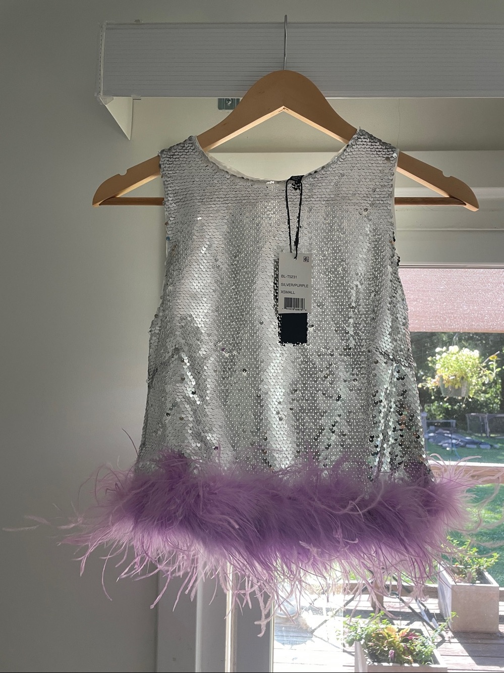 NWT silver sequin soft purple ostrich feather ruffle roundneck top LAST ONE